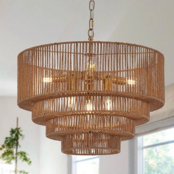 NEW XL 6-Light Boho Rattan Woven Chandelier Hanging Light Fixture